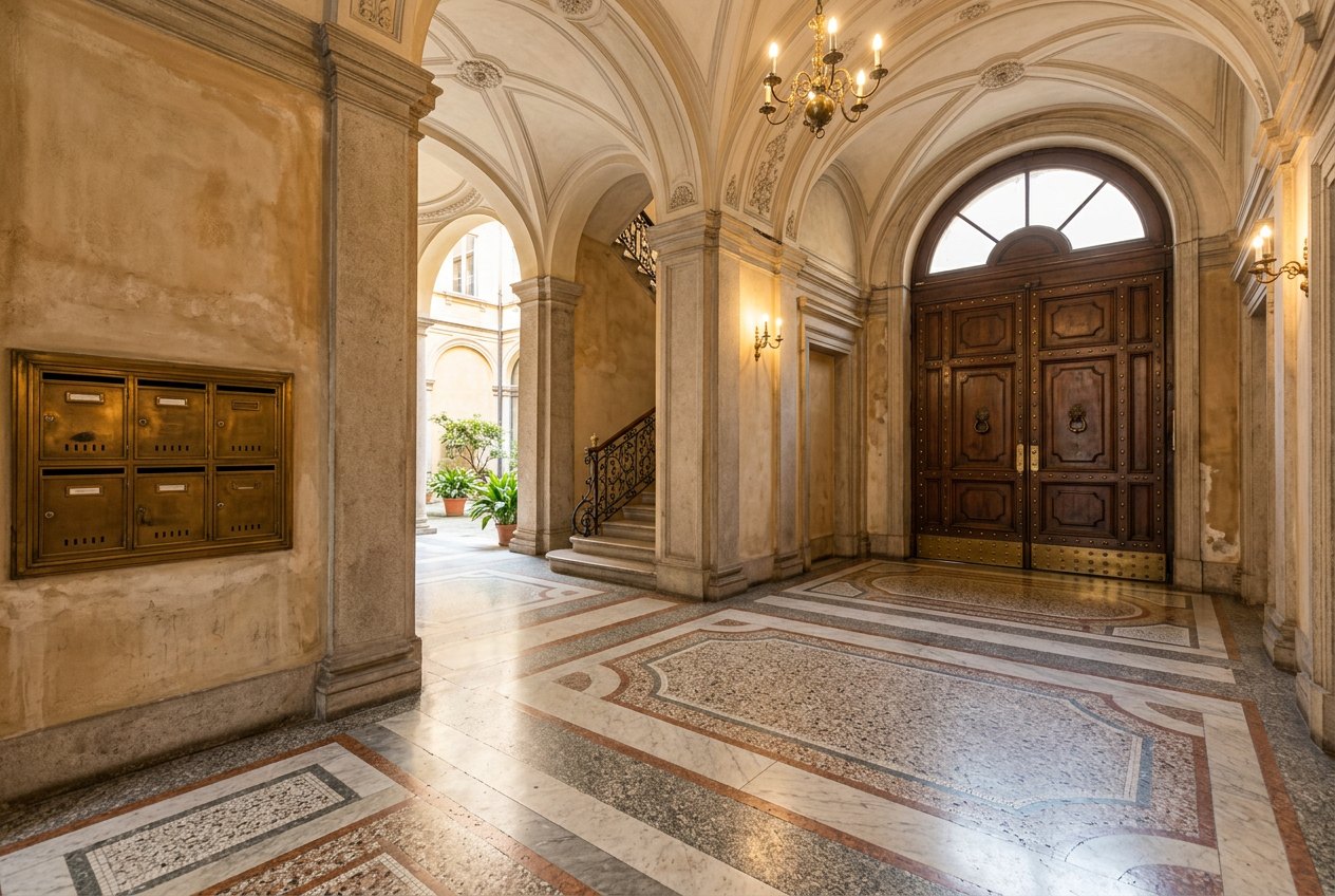 Androne di un palazzo storico milanese con portone in legno, pavimento in marmo e cassette postali