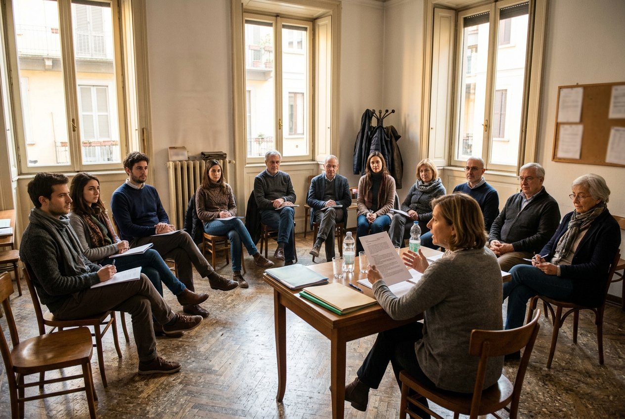 Assemblea di condominio: condòmini seduti in cerchio e una persona al tavolo con i documenti