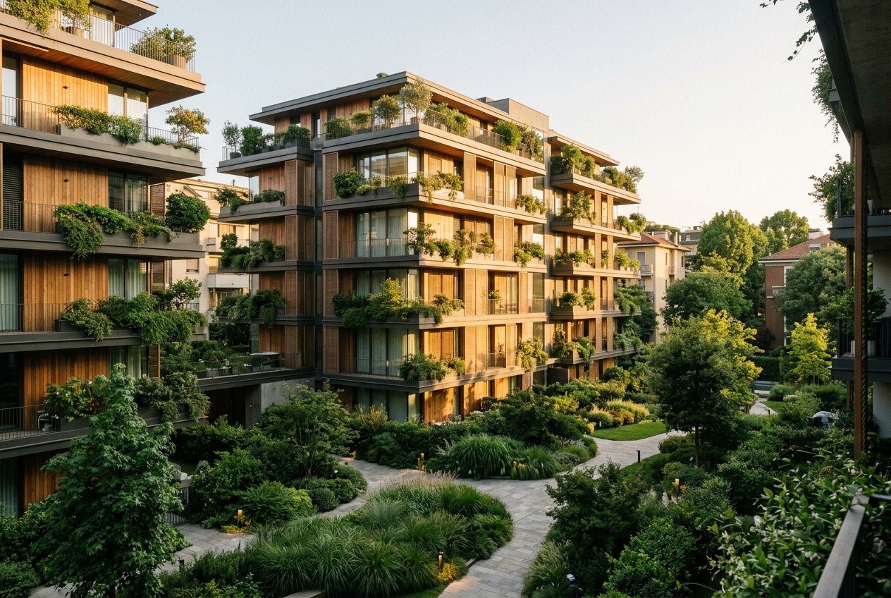 Complesso residenziale contemporaneo con terrazze verdi e giardino interno