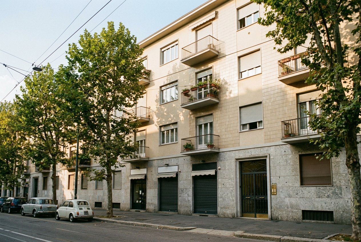 Condominio degli anni Sessanta in una via alberata di Milano, con balconi e negozi al piano terra