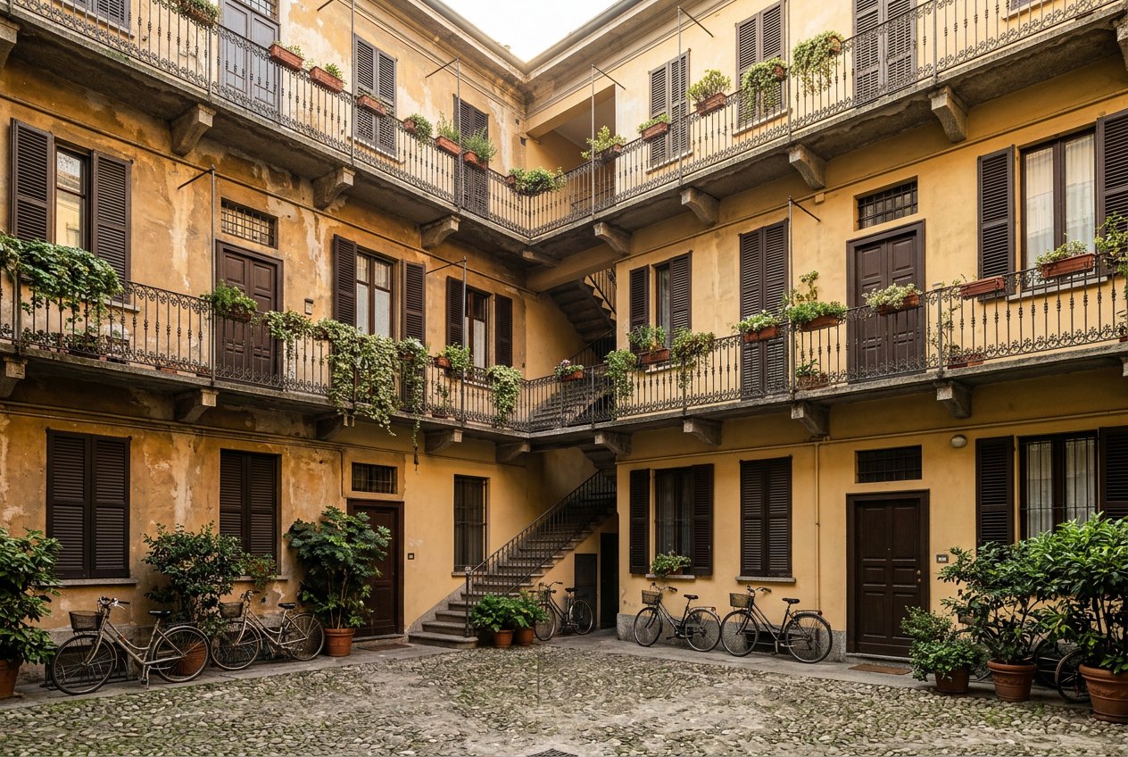 Cortile interno di una casa di ringhiera milanese con ballatoi, piante e biciclette
