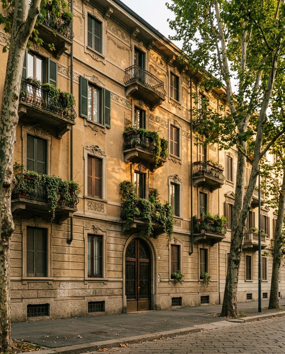 Facciata di un palazzo residenziale d'inizio Novecento con balconi fioriti, in una via alberata di Milano