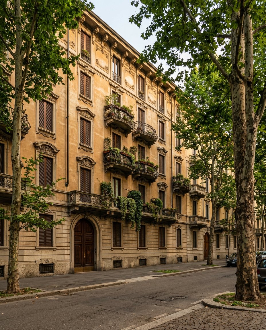 Palazzo d'epoca milanese con balconi in ferro battuto lungo un viale di platani