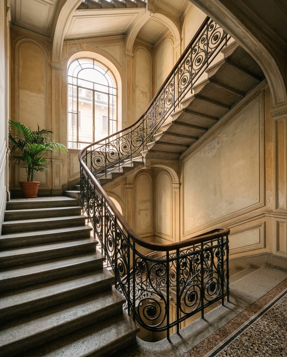 Scala di un palazzo d'epoca milanese con ringhiera in ferro battuto e finestra ad arco