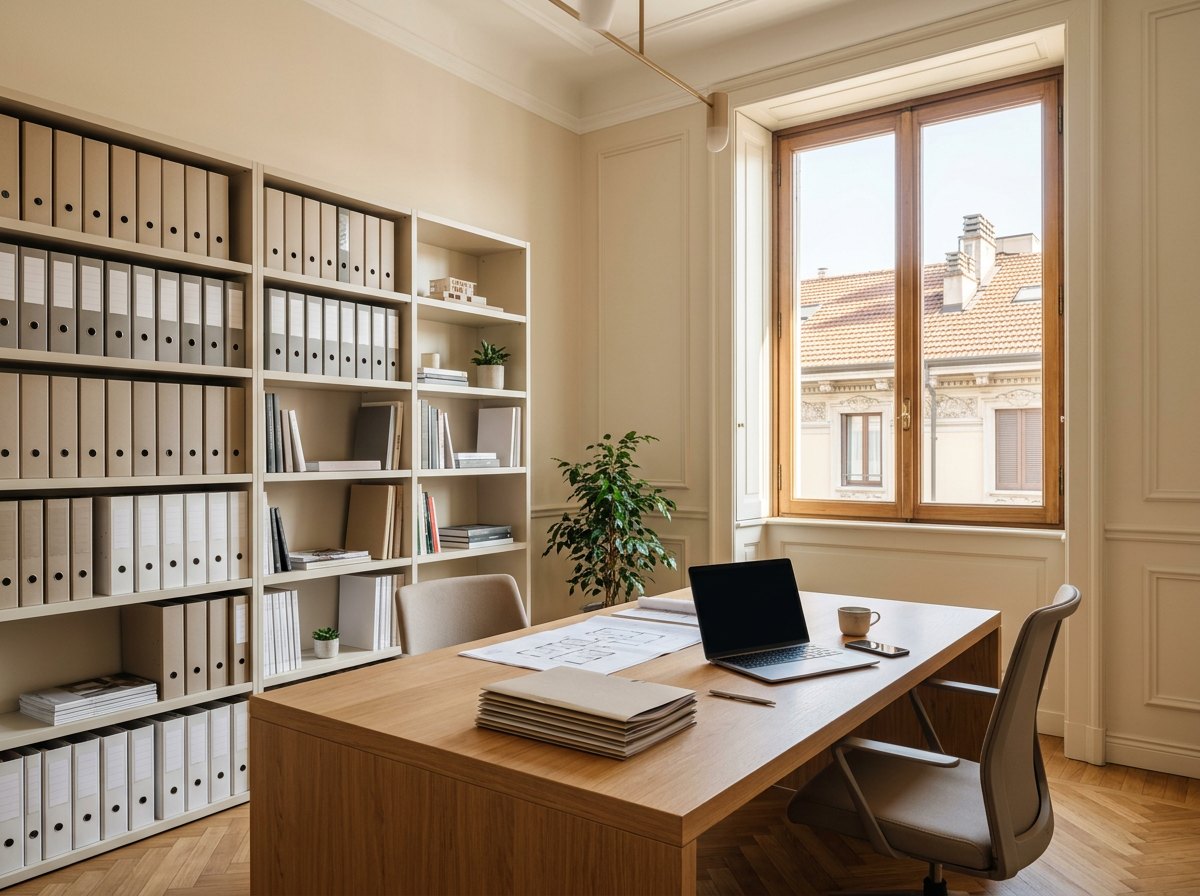 Ufficio luminoso con scrivania in legno, faldoni ordinati e finestra sui tetti di Milano